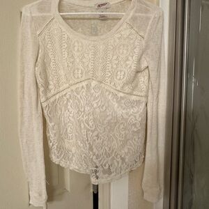 Arizona Women's Cream Lace Paneled Long-Sleeve Top